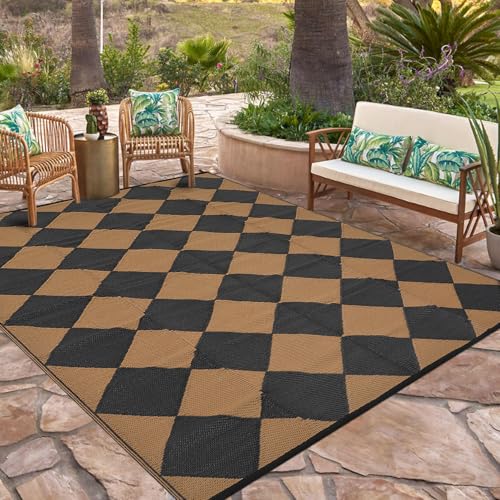 GarveeHome Outdoor Plastic Straw Rug 8x10 Reversible Patio Rug Outdoor Rug Waterproof Camping Rug Portable Outdoor Floor Mat for RV Porch Balcony Patio Camping Picnic Beach Black/Brown Diamond - color: Black/Brown Diamond, size: 8' x 10' (Rectangular)