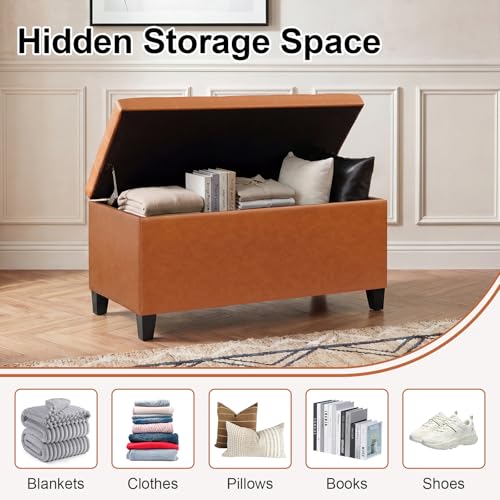 Asense Storage Ottoman Bench, 33" Faux Leather Upholstered End of Bed Bench with Safety Hinge,Wooden Legs,for Entryway Bedroom Living Room - color: 33" Brown Faux Leather