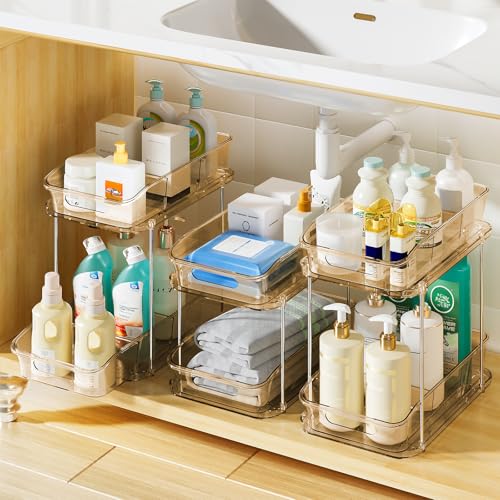 Delamu 2-Tier Under Sink Organizers and Storage, Multi-Purpose Stackable Bathroom Cabinet organizers, Pull Out Kitchen Pantry Organization and Storage with Dividers(3 Pack, Amber) - color: Amber, size: 3 Pack