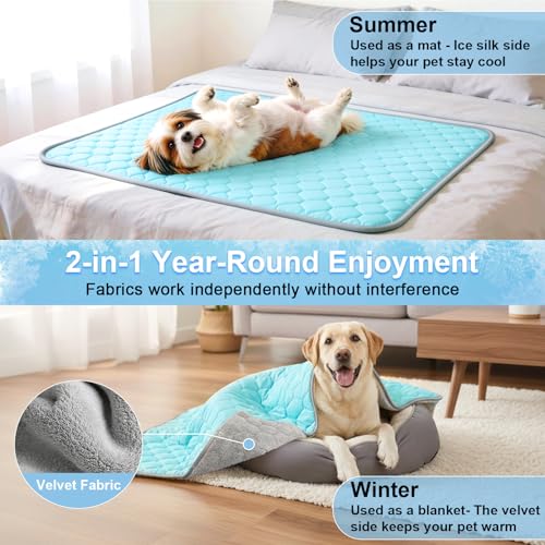 Vivifying Cooling Mat for Dogs, 40 x 30 Inch Waterproof Reversible Pet Cooling Pad with Ice Silk & Soft Velvet, Washable Summer & Winter Pet Blanket for Couch, Bed, Crate, Floor, Car Seat (Blue&Grey) - size: X-Large