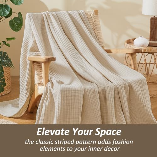 EMME Cotton Muslin Large Throw Blanket Couch Breathable Gauze Soft Lightweight Bed Blankets Adults (Heather Beige, 50"x70") - color: 03 - Beige, size: Large Throw (50" X 70")