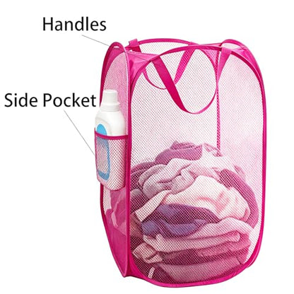 Larpur Popup Laundry Basket, Collapsible Portable Mesh Clothes Washing Laundry Hamper with Reinforced Carry Handles (Pink) - color: Pink