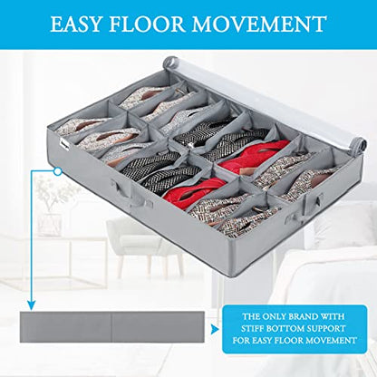 INAYA Under Bed Shoe Storage Organizer 2 Pack, Fits 32 Pairs, Large Underbed Shoe Box Storage Containers, Clear Foldable Shoes Organizer Under the Bed Sturdy Structure with Hard Bottom Support - size: 16+16 Cells (Hard Bottom Support)