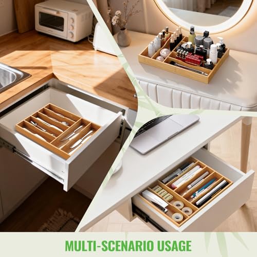Bamboo Silverware Organizer, 12 Inch Bamboo Kitchen Drawer Cutlery Organizer, Utensil Holder, Flatware Organizer Tray (15.8"x11.9"x1.6") - size: Large