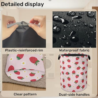 Cute Pink Strawberry Laundry Basket, Extra Large Foldable Hamper for Bathroom/Laundry/Bedroom/Dorm, Washable Fabric Storage Bin with Handle - color: Cute Pink Strawberry