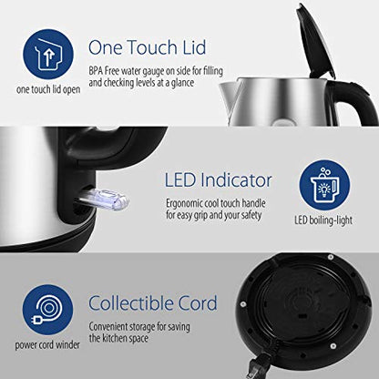 COMFEE' Stainless Steel Electric Kettle, 1.7 Liter Tea Kettle Electric & Hot Water Kettle, 1500W Fast Boil with LED Light, Auto Shut-Off and Boil-Dry Protection (Pack of 6) - color: Stainless Steel, size: 1.8 Quarts (Pack of 6)