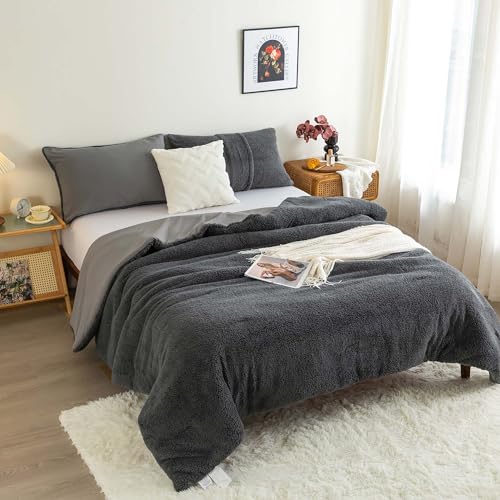 COTTEBED Warm Full Queen Comforter Set Reversible Sherpa Comforter and Pillow Shams, Soft Cozy Fluffy Washed Cotton Lightweight Bedding Down Comforter Queen Set Size for Bedroom Winter Christmas,Brown - color: Brown, size: Full/Queen(Sherpa)