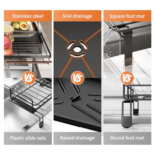 PureBox Extendable Dish Rack for Kitchen Sink - Heavy-Duty Adjustable Over Sink Drying Rack with Utensil Holder & Drain Tray, Space Saving Steel Frame Dish Rack (Black)