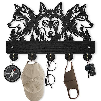 MAYJOYDIY Wood Wolf Wall Mount Coat Rack 11.8×8inch Wolf Forest Key Holder for Wall Coat Rack Wolf Key Hook 5 Alloy Hooks Animal Theme Wall Art Hook Gift for Hallway Office Living Room - color: Wolf