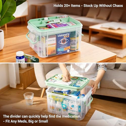 15QT Clear Medicine Storage Box with Comfort Handle and Compartments, Medicine Box Organizer Storage for Safe and Tidy Medication, First Aid, and Personal Care Item Organization