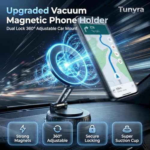 MagSafe Car Mount for iPhone 17/16/15/14/13/12, Magnetic Car Phone Holder with Vacuum Suction, Dual Lock 360° Adjustable Phone Mount for All Smartphones