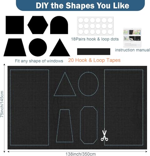 100% Blackout Window Cover, 138" x 57" Portable Ttravel Blackout Shades for Window,No Drill Temporary Cuttable Blackout Curtains for Bedroom, RV, Nursery,Media Room, 420D Fabric, 20 Loop Tapes - size: 138"W x 57"H
