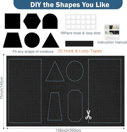 100% Blackout Window Cover, 138" x 57" Portable Ttravel Blackout Shades for Window,No Drill Temporary Cuttable Blackout Curtains for Bedroom, RV, Nursery,Media Room, 420D Fabric, 20 Loop Tapes - size: 138"W x 57"H