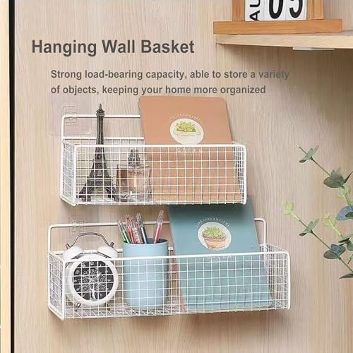 2 Pack Hanging Wall Wire Baskets,Metal Wire Storage Bin Rack for Kitchen Bathroom Shower Spice Shelf (White) - color: White