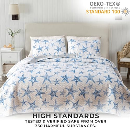 Great Bay Home Coastal Quilt Set - 3-Piece Full/Queen Size Nautical Bedding Set - Lightweight, All-Season, Reversible Starfish Bedspread (Blue) - color: Blue, size: Full / Queen