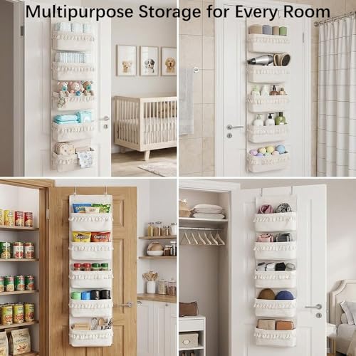 Over The Door Organizer, 5-Tier Sturdy Canvas Hanging Storage for Pet Supplies & Dog Walking Gear, Heavy Duty Large Pockets for Leashes, Treats, Toys, Multi-Use for Nursery & Closet (Beige)
