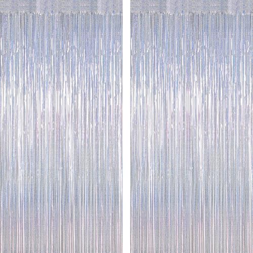 ZATAYE 2 Pack Glitter Silver New Years Eve Foil Curtain Decorations | Glitter Silver, Metallic Foil, 3.28 x 7.05 FT, Tinsel Backdrop, Foil Curtain Streamer, New Years Eve Party - color: Glitter Silver, size: 2 PCS