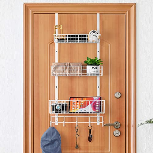 OYEAL Over The Door Organizer White Pantry Door Organizer with Hooks, Heavy Duty 3 Tier Metal Door Back Shelves with 3 Baskets for Kitchen, Bathroom, Office