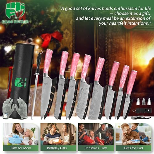 FULLHI 15pcs Japanese Knife Set with Magnetic Knife Block Holder, Japan Stainless Steel Blades, Ergonomic Handles for Professional and Home Cooking (Pink, Knife set) - color: Pink, size: 14 Piece Knife Set