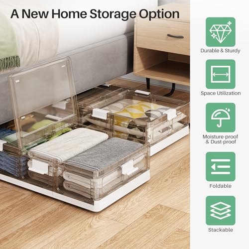 Kitstorack Plastic Under Bed Storage Containers,2 Pack Underbed Storage with Wheels,Foldable and Stackable Under Bed Organizer,Moisture and Dust-proof Storage Boxes for Clothes Shoes,13.6 Gal - size: Large - 2 PACK