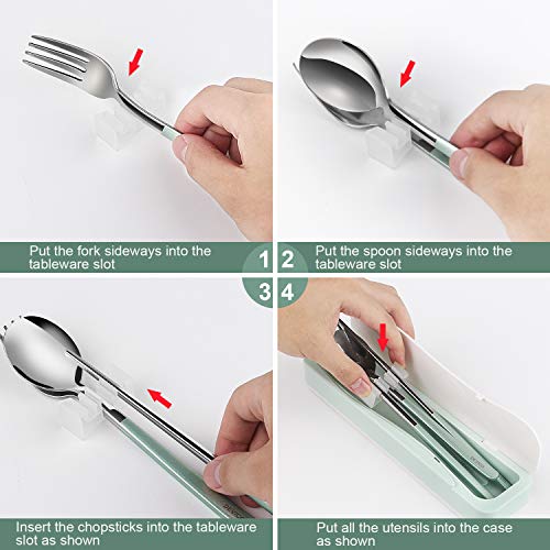 DEVICO Travel Utensils, 18/8 Stainless Steel 4pcs Cutlery Set Portable Camp Reusable Flatware Silverware, Include Fork Spoon Chopsticks with Case (Green) - color: Green