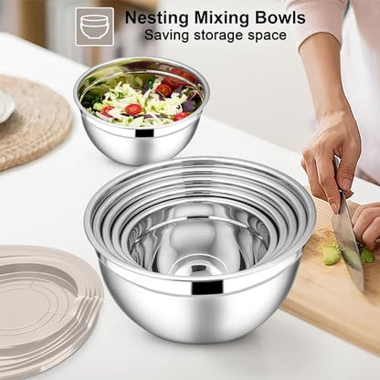 E-far Mixing Bowls with Lids Set, 21PCS Stainless Steel Mixing Salad Bowls with 3 Grater Attachments, Size 7, 4.6, 3.5, 2.6, 2, 1.5, 1QT, Nesting Design & Khaki Airtight Lid, For Baking/Prepping - color: Khaki, size: 7 Large Sizes