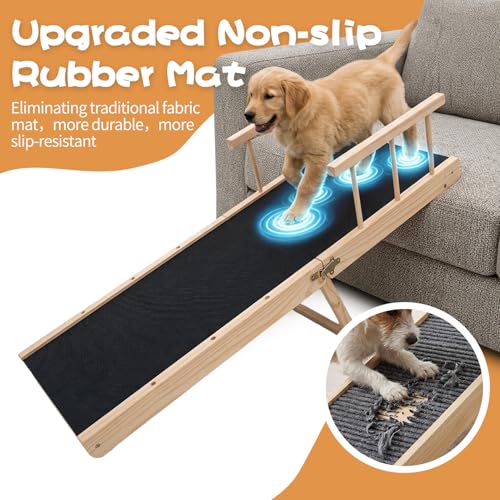 Rubber-Mat Dog Ramp with Rails for Couch, Bed or Car - 40" Long Foldable Wood Pet Ramp Adjustable Height from 10" to 21", with High Traction Mat for Small Medium Older Dogs, Up to 180 Lbs