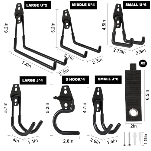 Garage Hook Heavy Duty Wall Storage Hangers, 28 Pack Garage Storage Hooks Steel Tool Black for Ladders, Ropes, Garden Tools