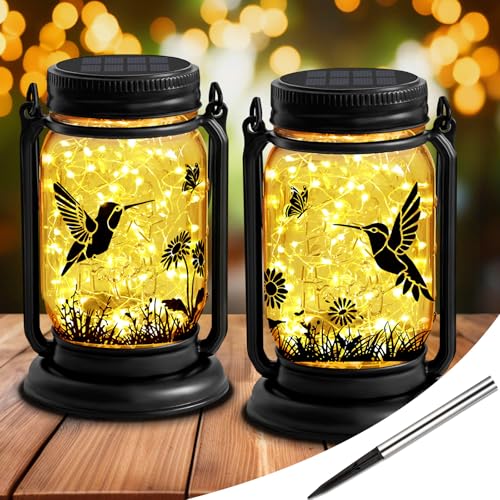 Hummingbird Solar Lanterns 3-IN-1 Outdoor Waterproof - Birthday Gifts for Women Mom Christmas, Mason Jar Hanging Lanterns with Stake, Garden Decor Lights for Patio Yard Balcony Decorations, 2 Pack - style: Hummingbird-2 Pack