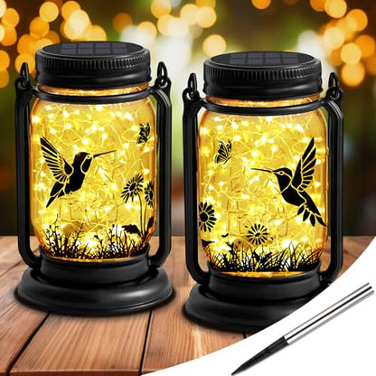 Hummingbird Solar Lanterns 3-IN-1 Outdoor Waterproof - Birthday Gifts for Women Mom Christmas, Mason Jar Hanging Lanterns with Stake, Garden Decor Lights for Patio Yard Balcony Decorations, 2 Pack - style: Hummingbird-2 Pack