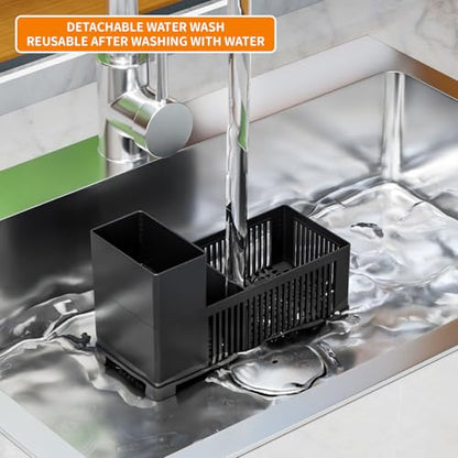 Rustproof Kitchen Sink Organizer for Countertop,Multifunctional Sink Organizer Caddy & Organization,Scrub Brush and Sponge Holder,Plastic Sink Storage Rack,Sponge Drain Rack,Dish Soap Dispenser,Black - style: Countertop