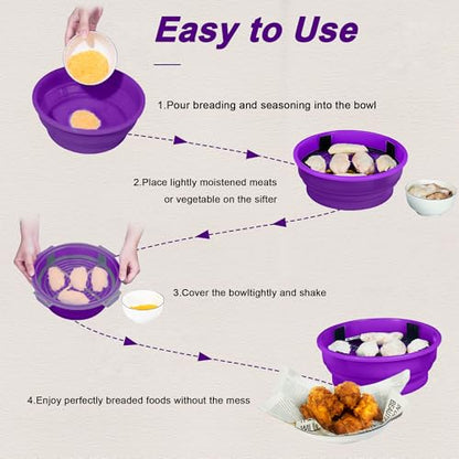 FJNATINH Collapsible Batter Bowl - Mess Free Better Breader Shaker Bowl with Lid Breading Shaker Container - Great for Fried Fish, Fried Chicken, Onion Rings, Wings,No Leak,Easy to Store,Purple - color: Purple