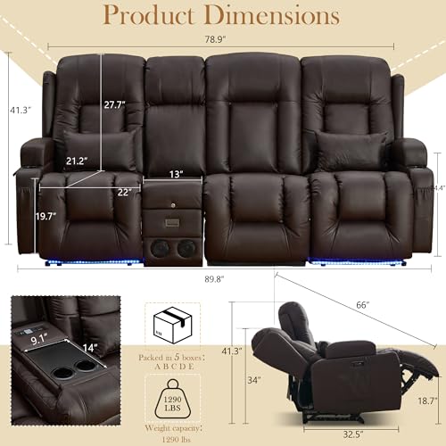 TUNYI Power Loveseat Recliner Sofa with Massage & Heat Home Theater Seating with Console RV Recliner Loveseat Sofa with USB/Storage/Side Pocket/LED Light/Speaker (Brown, 3 Seat with Console) - color: Brown, size: 3 Seat with console