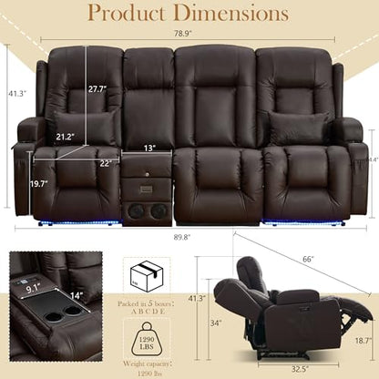 TUNYI Power Loveseat Recliner Sofa with Massage & Heat Home Theater Seating with Console RV Recliner Loveseat Sofa with USB/Storage/Side Pocket/LED Light/Speaker (Brown, 3 Seat with Console) - color: Brown, size: 3 Seat with console