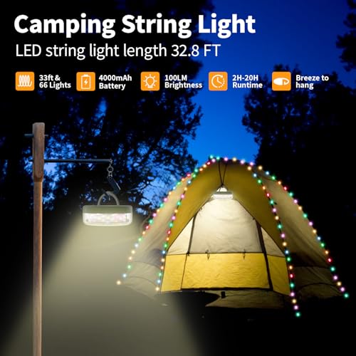 Camping String Lights, Camping Essentials 2 in 1 Quick Storage 32.8FT Rechargeable Waterproof Tent Lights with with 6 Modes, Portable LED Hanging Light for Outdoor Patio Awning Garden Party