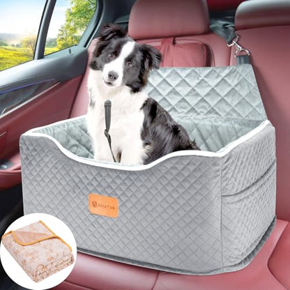 AlfaTok Memory Foam Booster Dog Car Seat for Medium Dogs Under 45 LBS, Elevated Pet Car Seat with Detachable Washable Cover, Anti-Slip Sturdy Dog Booster Seat with Seat Belt for Back Seat Travel - color: Grey
