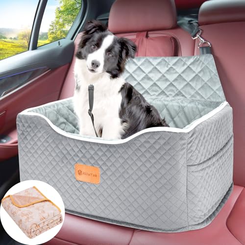 AlfaTok Memory Foam Booster Dog Car Seat for Medium Dogs Under 45 LBS, Elevated Pet Car Seat with Detachable Washable Cover, Anti-Slip Sturdy Dog Booster Seat with Seat Belt for Back Seat Travel - color: Grey
