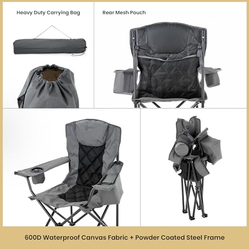 ARROWHEAD OUTDOOR Portable Deluxe Folding Camp Quad Chair w/Headrest, Glass & Cup Holders, Armest 6-can Cooler, Heavy Duty Carry Bag, 550 lbs Weight Capacity - color: Grey