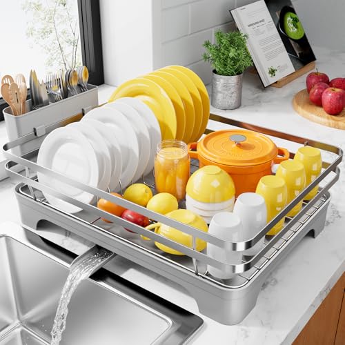 Kitsure Dish Drying Rack - Multi-Functional Dish Rack for Kitchen Counter with Cutlery Holder, Rust-Proof Storage Solution with Rotatable, 15.7" x 12.0" x 5.5", Sliver Grey - color: Sliver Grey
