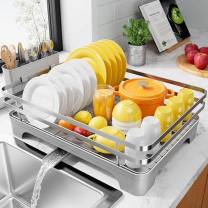 Kitsure Dish Drying Rack - Multi-Functional Dish Rack for Kitchen Counter with Cutlery Holder, Rust-Proof Storage Solution with Rotatable, 15.7" x 12.0" x 5.5", Sliver Grey - color: Sliver Grey