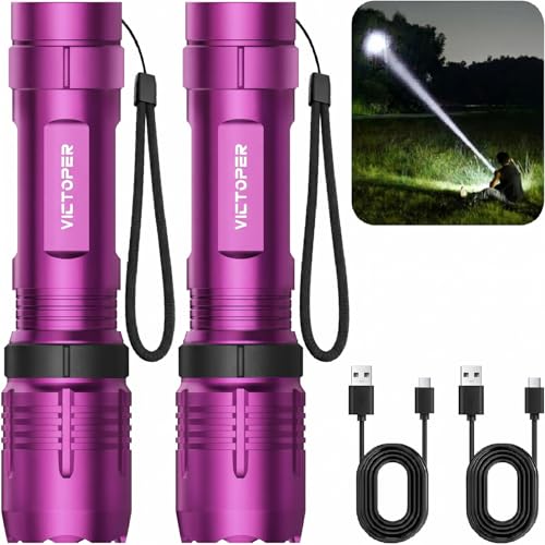 Victoper Pink Rechargeabe Flashlight 2 Pack, High Lumens 5 Modes LED Bright Tactical Flashlights, Waterproof Zoomable Flash Light for Outdoor, Gifts for Camping Essentials Gear - color: Pink A1200T, size: 2 PACK
