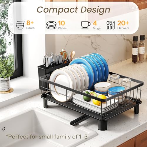 SNTD Dish Drying Rack - Space-Saving Dish Rack for Kitchen Counter, Stainless Steel Dish Drainer with Utensil Holder and Drainboard, 11" W x 15" L (Black) - color: Black, size: 11" W x 15" L