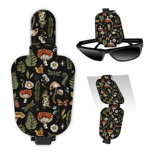 Leather Magnetic Sunglass Holder for Car Sun Visor, Cute Eyeglass Ticket Card Hanger Clip, Universal Auto Interior Accessories for SUV Pickup Truck Mushroom Forest - color: Mushroom Forest