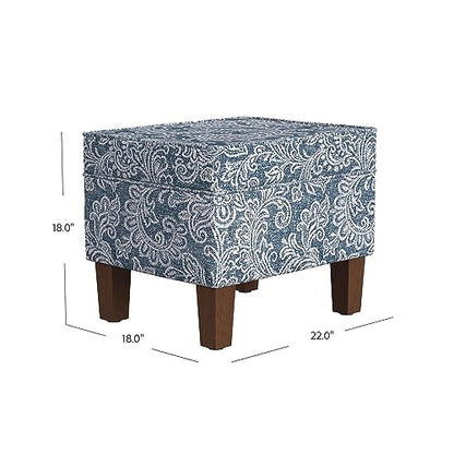 HomePop 22" Modern Rectangular Storage Ottoman - Blue Denim Jacobean Print - color: Blue Denim Jacobean Print