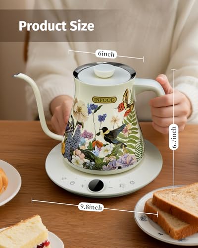 INFOOD 0.8L Gooseneck Electric Kettle, Precise Temperature Control for Pour Over Coffee & Tea, 1200W Fast Boiling Water, Auto Shut Off, Scheduling, Stainless Steel, Floral Painted Design - color: Floral