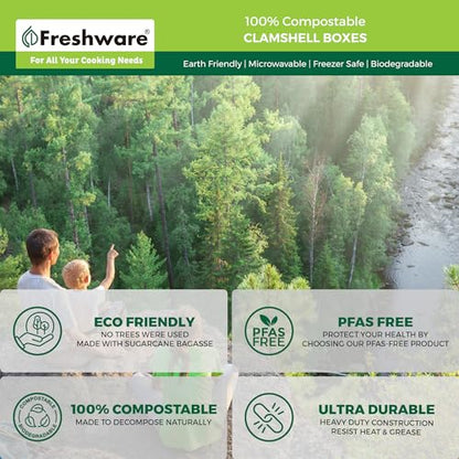 Freshware Compostable Clamshell Food Containers [8x8"] 3-Compartment 50-Pack, Disposable Containers, Biodegradable Sugarcane To Go Boxes - Paper Food Containers - Microwave & Freezer Safe, Stackable - size: 8 x 8 Inch [50-Pack]