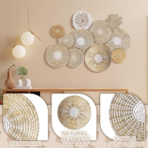 11 Pcs Boho Hanging Wall Basket Decor Handmade Woven Basket Wall Decorative Boho Wicker Baskets Placemats Round Farmhouse Bulrush Art for Rustic Home Decorations Christmas Gift(Fresh) - style: Fresh