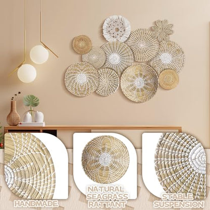 11 Pcs Boho Hanging Wall Basket Decor Handmade Woven Basket Wall Decorative Boho Wicker Baskets Placemats Round Farmhouse Bulrush Art for Rustic Home Decorations Christmas Gift(Fresh) - style: Fresh