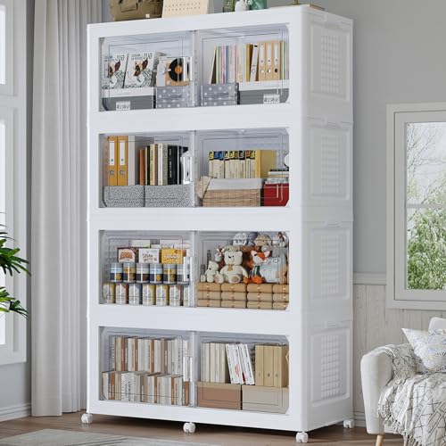 200Gal Stackable Storage Bins with Lid, 800Qt Extra Large Collapsible Storage Box with Wheels, Dividers, Folding Plastic Cabinet Closet Organizers for Home Kitchen Office Dorm, 4Pack White - color: White, size: 50Gal-4Pack