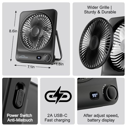 WHATOOK Large Travel Desk Fan: 10000mAh Battery 40 Hours Runtime Silent Rechargeable Fans, Quite Personal Portable Fan for Camping Bedroom Office Small Desktop fan (8.3 * 7.1inch Black) (Black) - color: Black